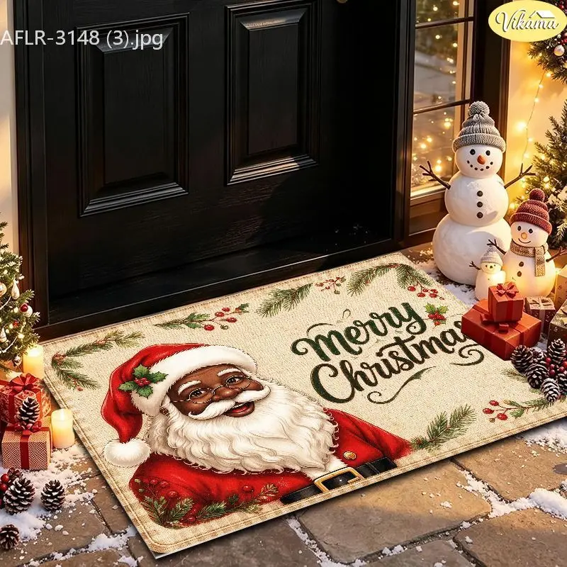 VIKAMA Black Santa Merry Christmas Entryway Rug Non Slip Low Profile Mats for Outside Front Door Xmas Winter Decor Soft