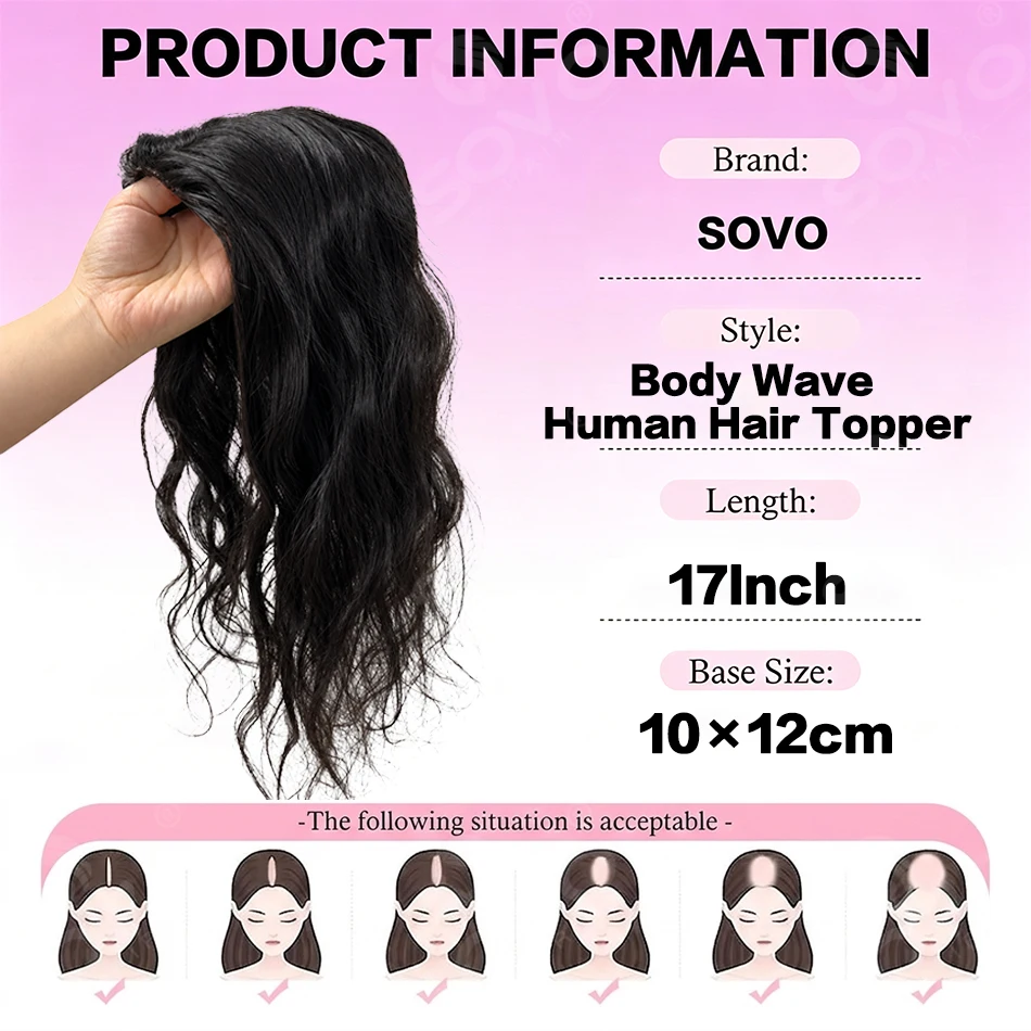 Body Wave 17 Inch Remy Human Hair Topper Clip In Realistic Breathable Mesh Base Color #1B 10x12cm for Thinning Hair Add Volume