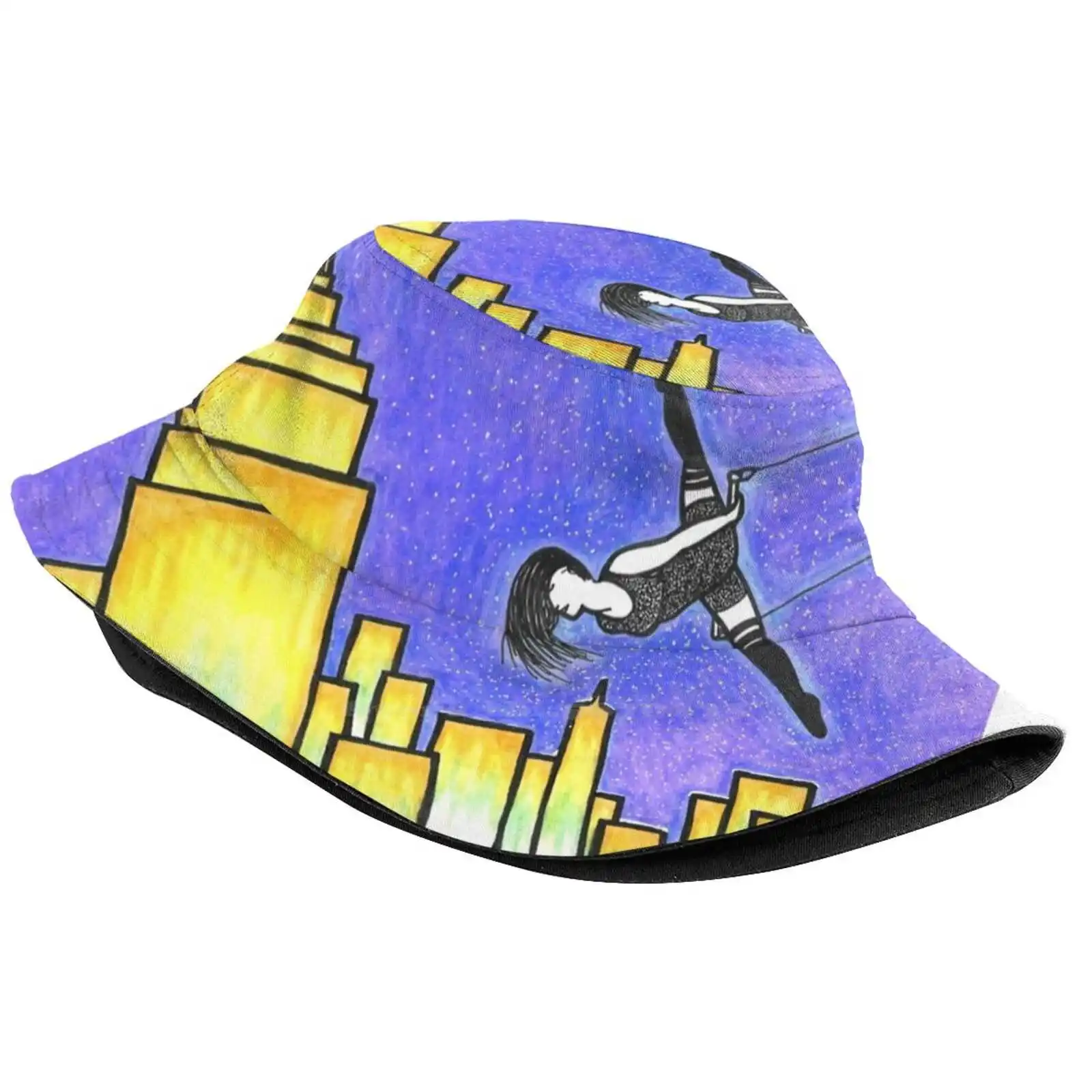 Splits In The City Print Bucket Hats Sun Cap Splits Flexible Flying Trapeze Aerial Circus Stars Snowglobe