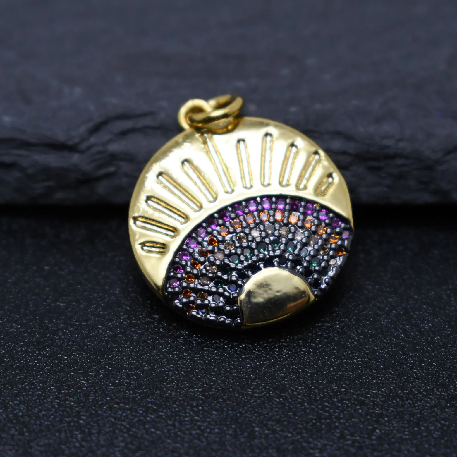 Women Jewelry Making Supplies Color Remain Gold Plated Multi Color CZ Paved Eyelash Evil Eye Round Pendant for DIY Necklace