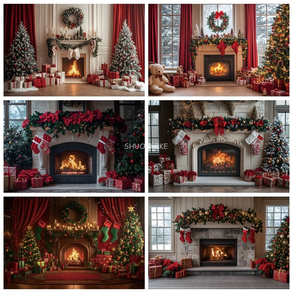 

Merry Christmas Photography Backdrop Xmas Tree Fireplace Santa Gift Socking Family Baby Portrait Background Decor Photo Studio