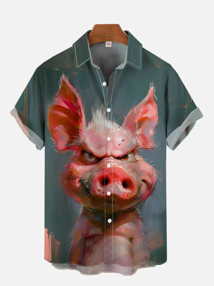 2024 Summer New Funny Animal Bald Pig Print Short Sleeve Shirt Retro Donkey Lamb Fashion Street Men's Lapel Button Shirt