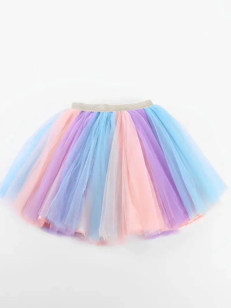 Girls Rainbow Skirt Layered Gradient Soft Tulle Tutu Skirts For Birthday Dance Performance Festive Costume