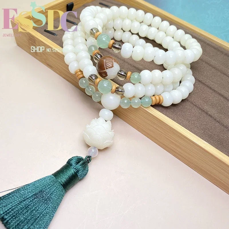 New Design 108 Mala Violet Tassel Bracelet or Necklace Natural Bucket Bodhi Root Beads Prayer Hand String with Lotus Pendant