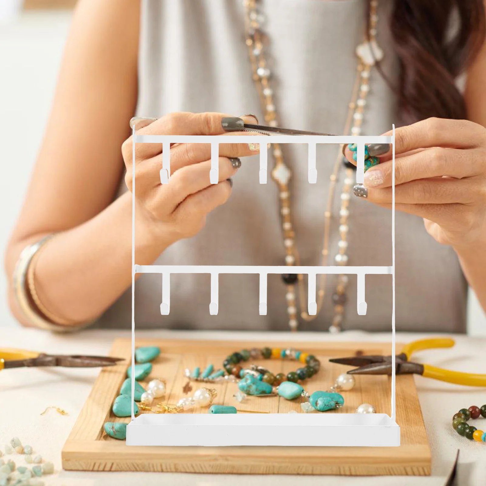 

2-уровневый органайзер для ювелирных изделий, металлическая деревянная рамка, стеллаж для выставки товаров для ожерелья, браслетов, колец, серег, часов, держатель для декора