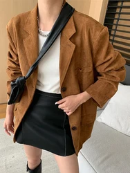 Solid Suede Women Jackets Loose Lapel Single Breasted Female Blazer Female 2024 Vintage Autumn Long Sleeves Brown Lady Outwear