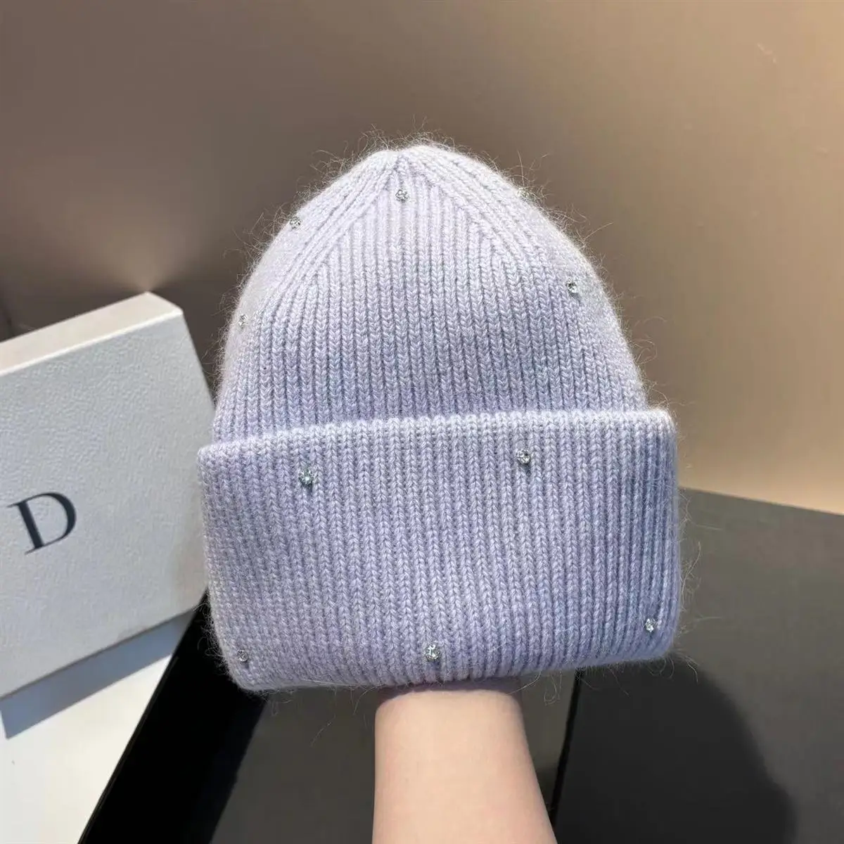 1 Stück Neue Winter-Strickmütze mit Strass, Modische und Warme Kaninchenfell-Ohrenschutzmütze, Doppelt Gefaltete Mütze – Detail 5