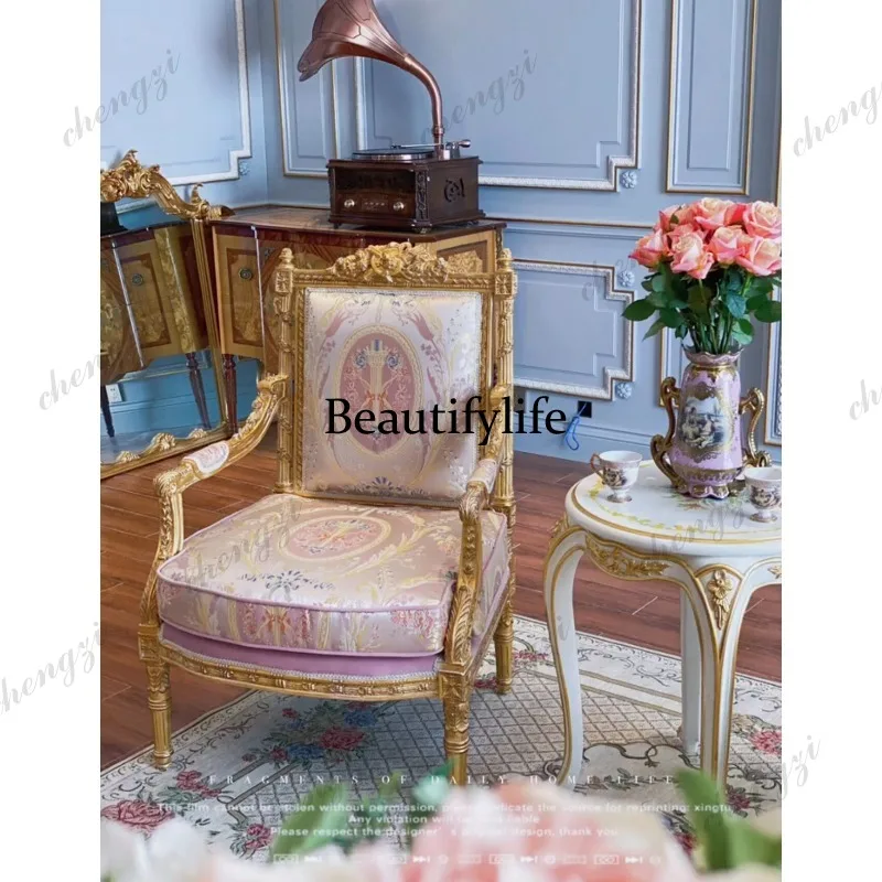 French Palace Solid Wood Single Sofa Chair, Fabric Jacquard Chair, Leisure Sofa Coffee Table Combo