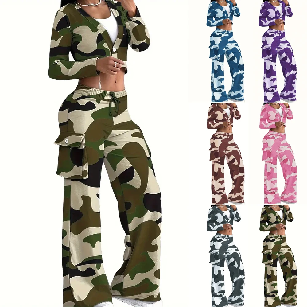 Camo Print Cargo Pants Sets Sexy Crop Tops & Elastic High Waist Wide Leg Trousers Damski dwuczęściowy zestaw Casual SweatOutfits