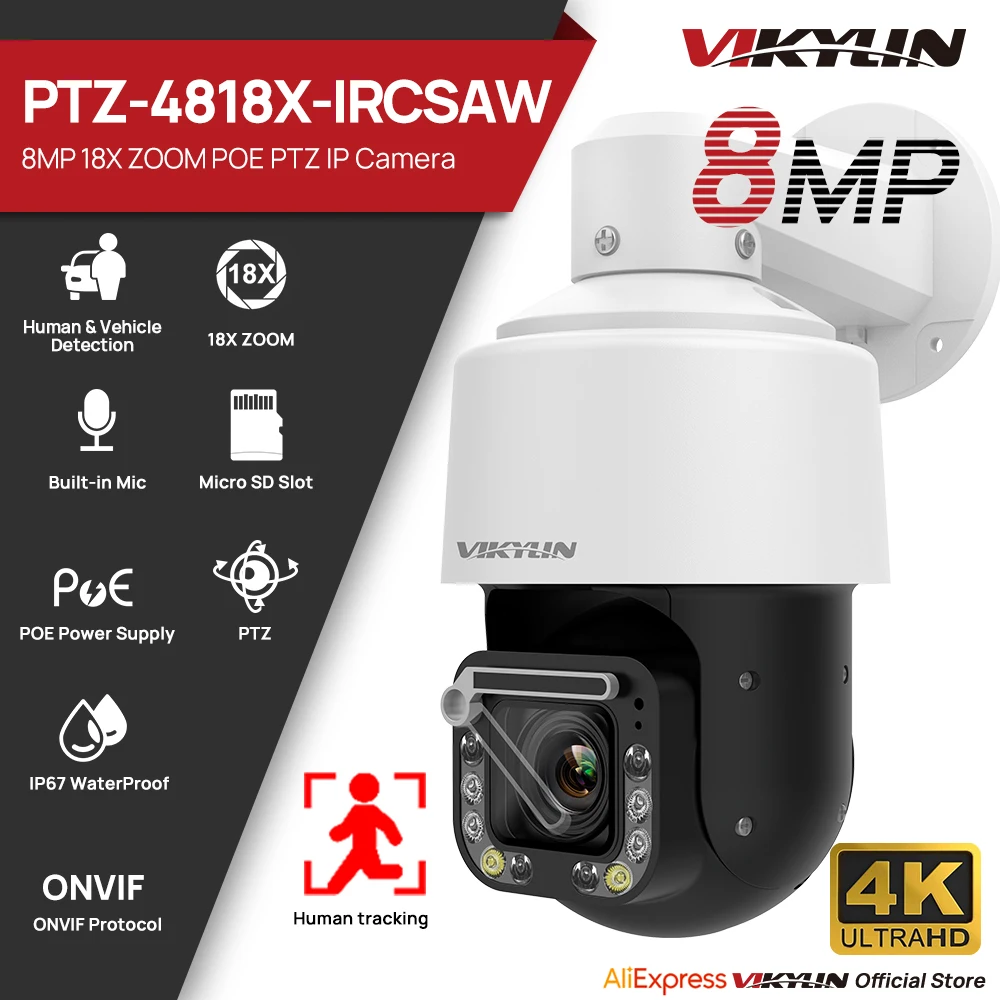 

Vikylin8MP Smart Dual light PTZ 18x Zoom IP Camera Car Detection Human Tracking Outdoor Video Surveillance Plug%Play HIK NVR