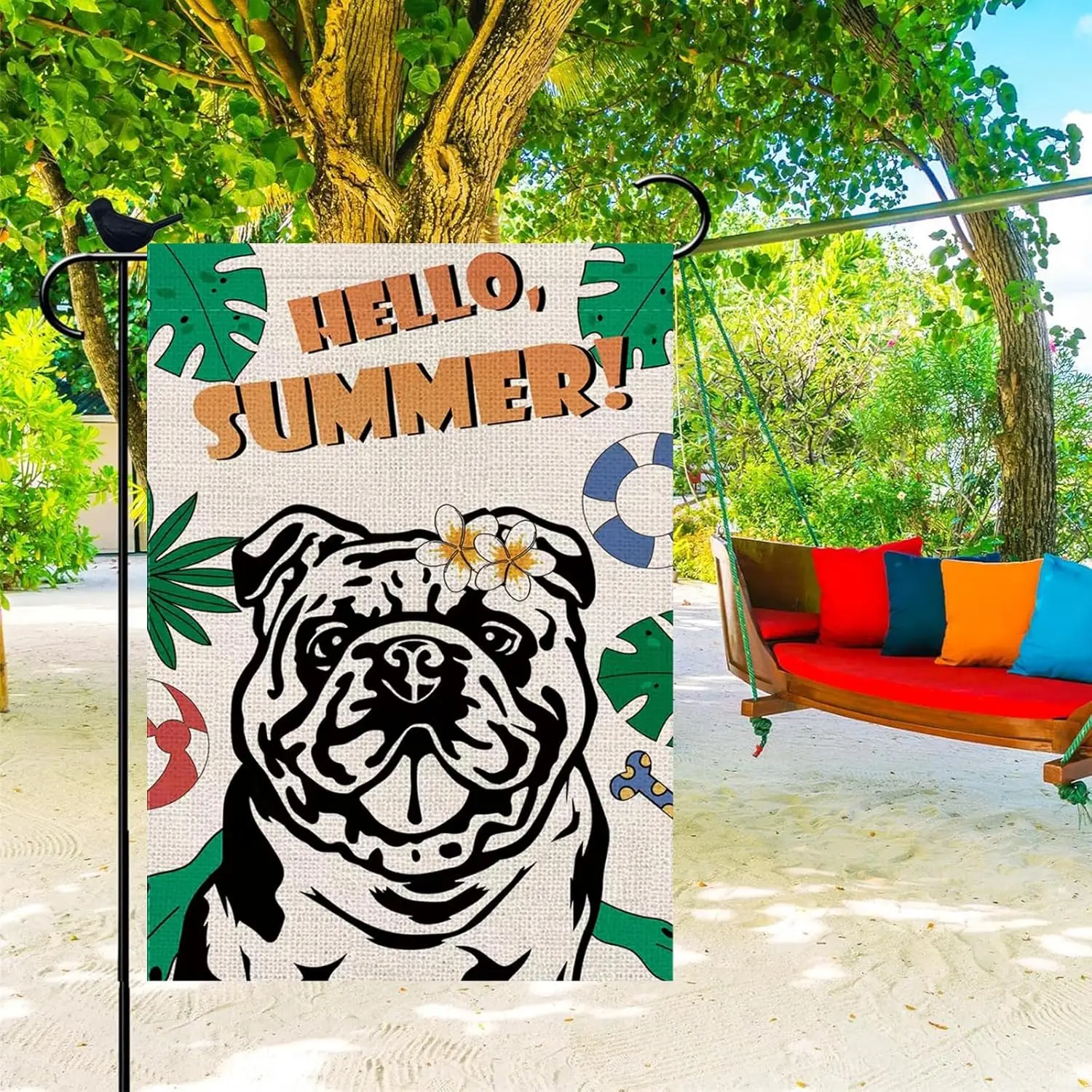 Hello Summer Garden Flag English Bulldog Vertical Double Sided Dog Tropical Flowers Plumeria Seasonal Farmhouse Yard Outdoor yyi