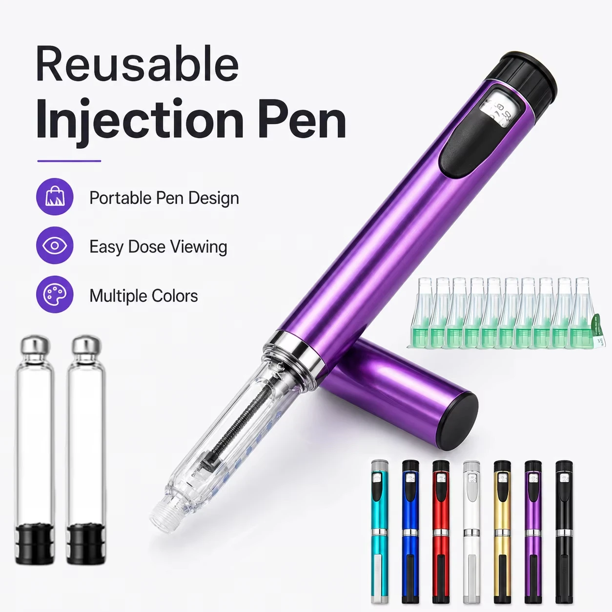 Metal Reusable Injection Pen Adjustable 3ml Cartridge Injector Portable Insulin Injection Pens Compatible with 3ml Cartridges