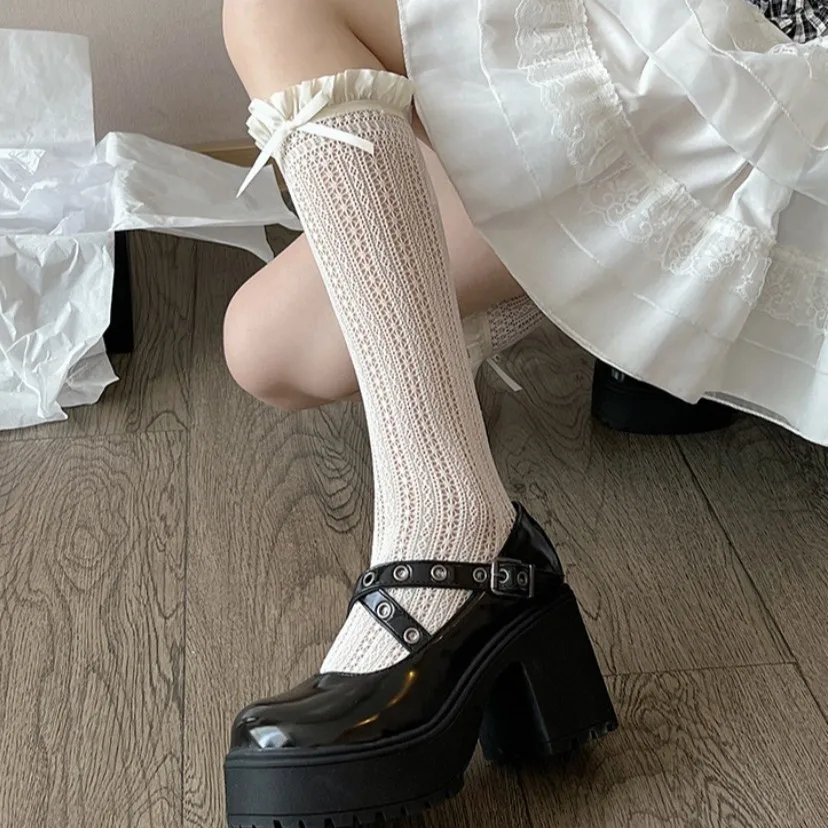 

Lace Bowknot Women Sockings Summer Hollow Mesh Knee High Socks Sweet Ruffle Fashion Calf Socks Lolita Long Socks for Women Girls