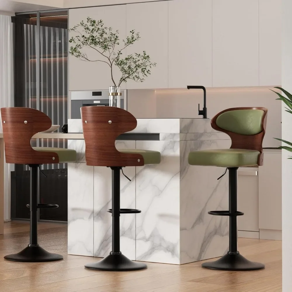 

Bar Stools Set of 3 Seat Adjustable Height 24.5-33.5IN - Bentwood Swivel Barstools with Back & Footrest - PU Leather Upholstered