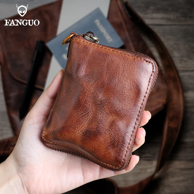 Retro Genuine Leather Short For Women Men Handmade Card Slot With Coin Pocket Small Bifold Zipper Wallet Money Purse Female Male