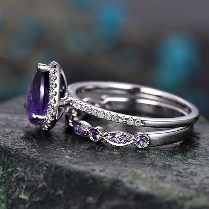Huitan Charming Pear Purple Cubic Zircon Set Rings for Women Wedding Party Temperament Elegant Lady Accessories Fashion Jewelry view 3