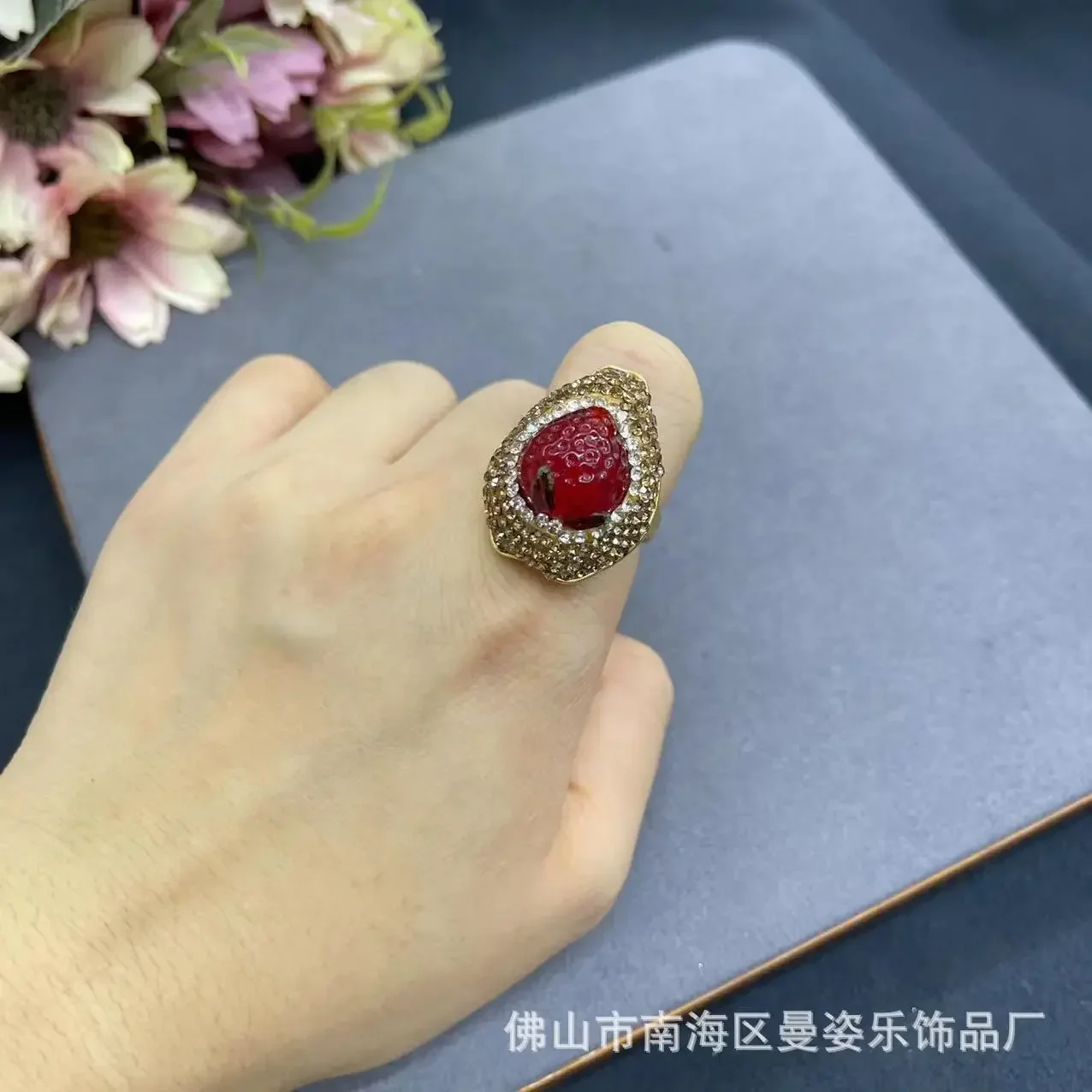 Glazed strawberry live ring fashion jewelry Douyin hot-selling 18K real gold color-preserving electroplating jewelry accessories