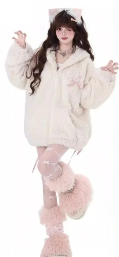 2025 Winter New Women's Sweet Bunny Ear Tie Lamb Wool Hooded Coat Thickened Padded Warm Loose Plush Cotton Jacket