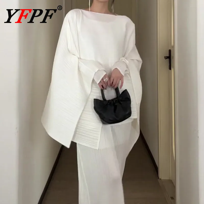 

YFPF Элегантный плиссированный комплект из двух предметов Miyake, женские свободные топы с шалью + тонкие платья с длинными рукавами, мода 2025, осенняя новая одежда