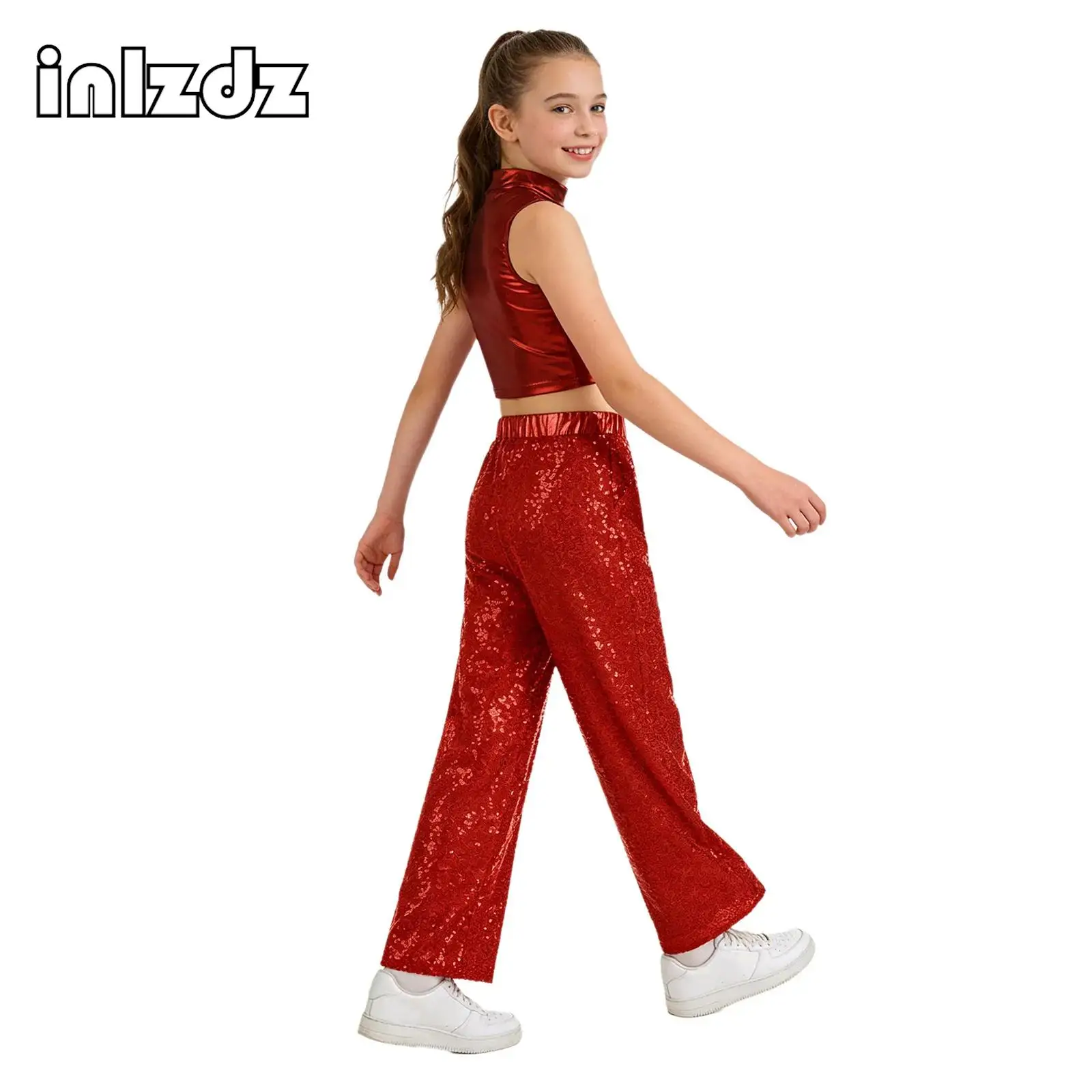 Kids Girls Hip-Hop Jazz Dance Modern Street Outfits Sleeveless Sparkly Sequins Crop Top with Sequin Pants Competition Dancewear