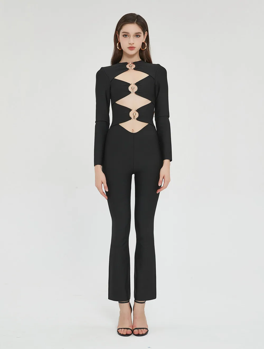 

Sexy Black Hollow Out Bodycon Long Sleeve Bandage Jumpsuit Pencil Skinny Romper Celebrity Evening Runway Club Jumpsuit