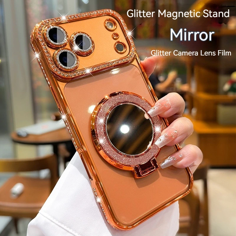

Creative Makeup Mirror Holder Phone Case, For IPhone 17 Pro Max IPhone Air Luxury Rhinestone Border Anti Drop Protective Cover ﻿