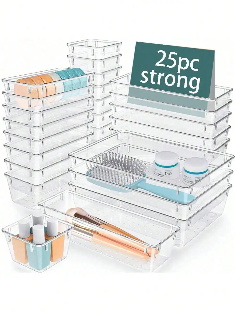 Conjunto organizador transparente de 24 unidades: mesa de acrílico/gaveta/armazenamento de vaidade de cosméticos + suporte de escova