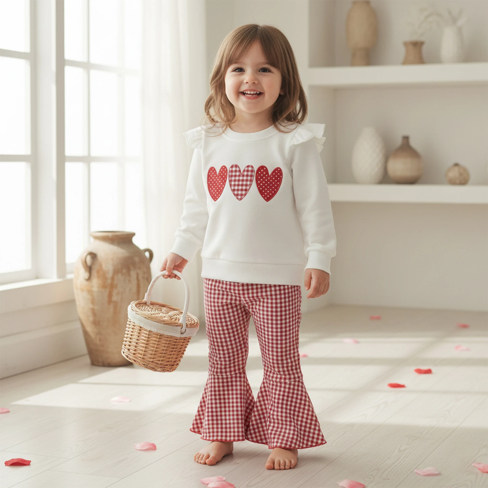 مجموعة ملابس ربيعية لعيد الحب للفتيات الصغيرات مطرزة على شكل قلب وأكمام طويلة بلوفر على شكل جرس سفلي #1