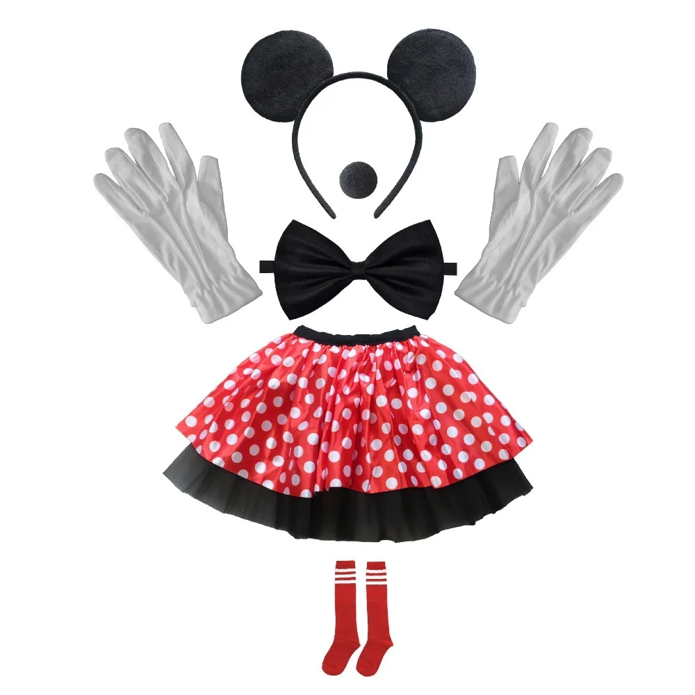 6pcs Mouse Ears Headband Girls Nose Headpiece Skirt Socks Bow Tie Headwear Halloween Costume Birthday Dress Up Accessories