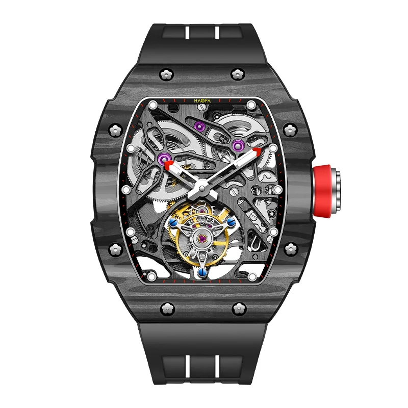 Haofa Tourbillon Watch for Men Skeleton Hollow Luminous Automatic Movement Carbon Fiber Sapphire Crystal Luxury Business 1901-1