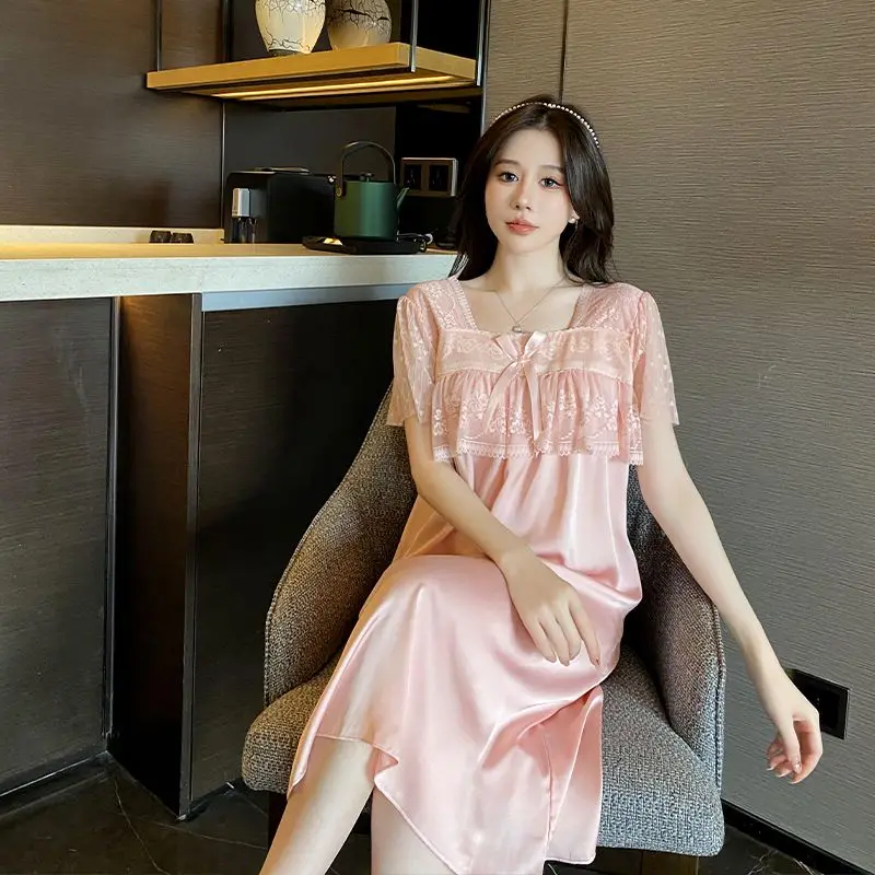 Ice Silk Pajama Dress for Women Summer Short Sleeved Sleepshirts Thin Sexy Lace Nightgowns Bow High-end Oversized Loungewear