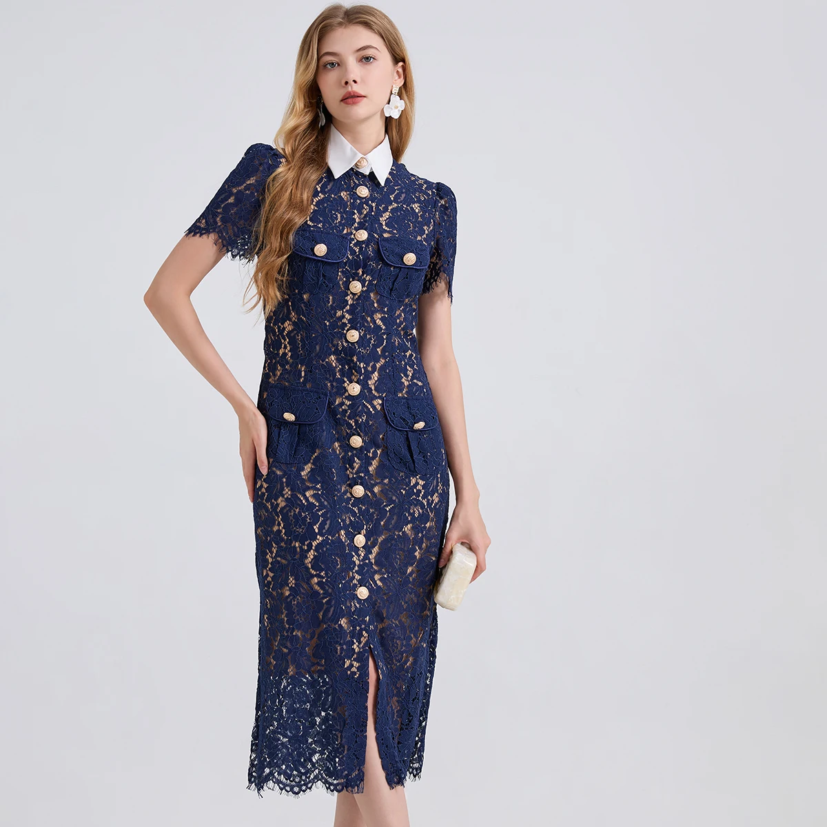 Formal Luxury Evening Long Dresses Women Summer Autumn White Peter Pan Collar Hollow Out Blue Pencil Embroidery Lace Dress Party