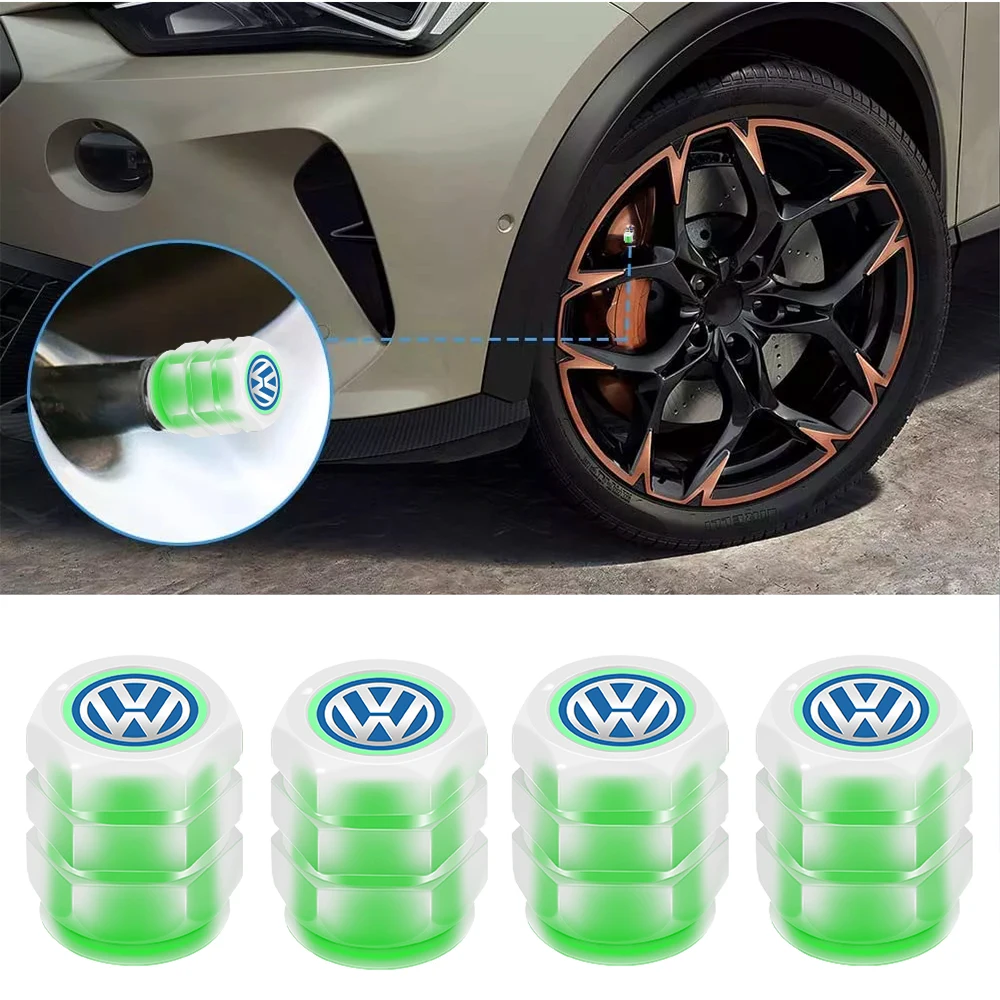 4Pcs Fluorescent Green Car Wheel Tire Valves Caps Luminous Valve Dust Cover For Volkswagen Caddy Scirocco Beetle Touareg Tiguan