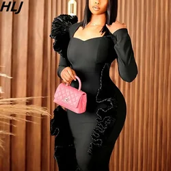 HLJ Black Fashion Solid Color Ruffle Ruched Bodycon Mid Dresses Women V Neck Long Sleeve Slim Vestidos Fashion Female Clothing