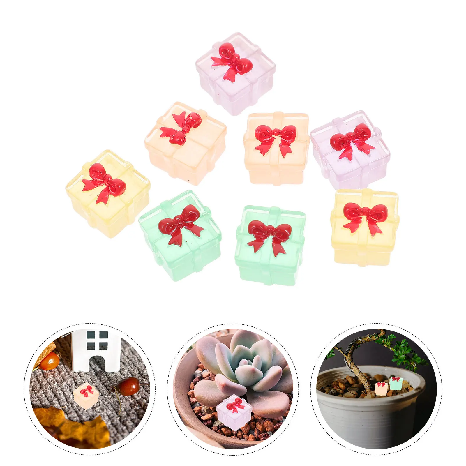 

8Pcs Mini Resin Present Boxes Glow in Dark Tiny Ornaments for Christmas Party Fairy Garden Decoration Micro Landscape