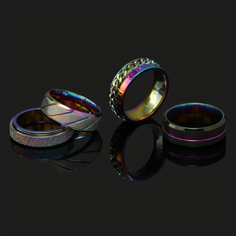 Men Rainbow Color Spinner Ring Stainless Steel Brushed Textured Multi‑Style Rotatable Stress Relief Male Fashion Finger Jewelry