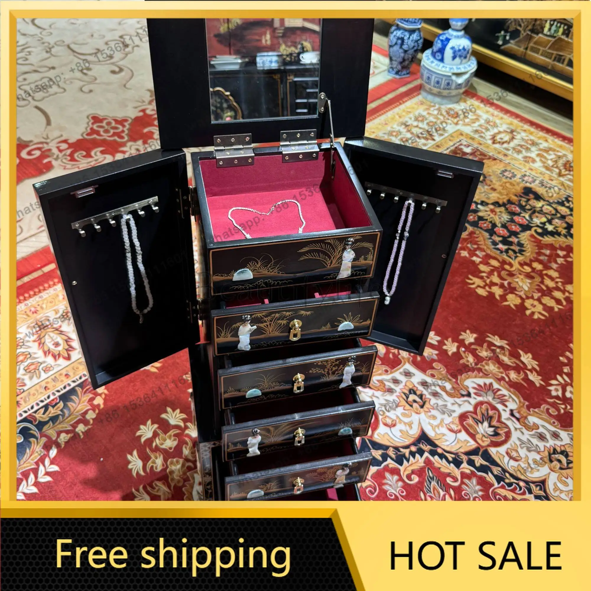 LD Vintage Jewelry Storage Cabinet Classical Large Capacity Decorative Storage Cabinet with mother-of-pearl craftsmanship