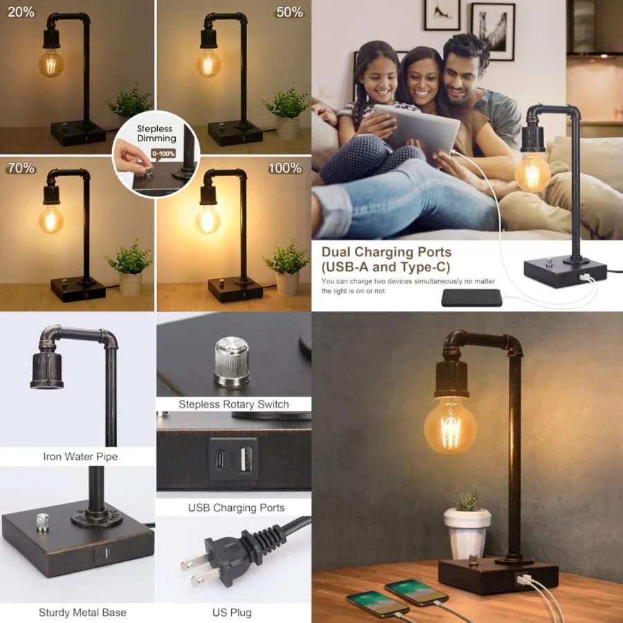 

Industrial Table Lamp, Vintage Bedside Lamp with USB C and USB A Charging Ports, Dimmable Steampunk Office Lamp Metal Pipe Edis
