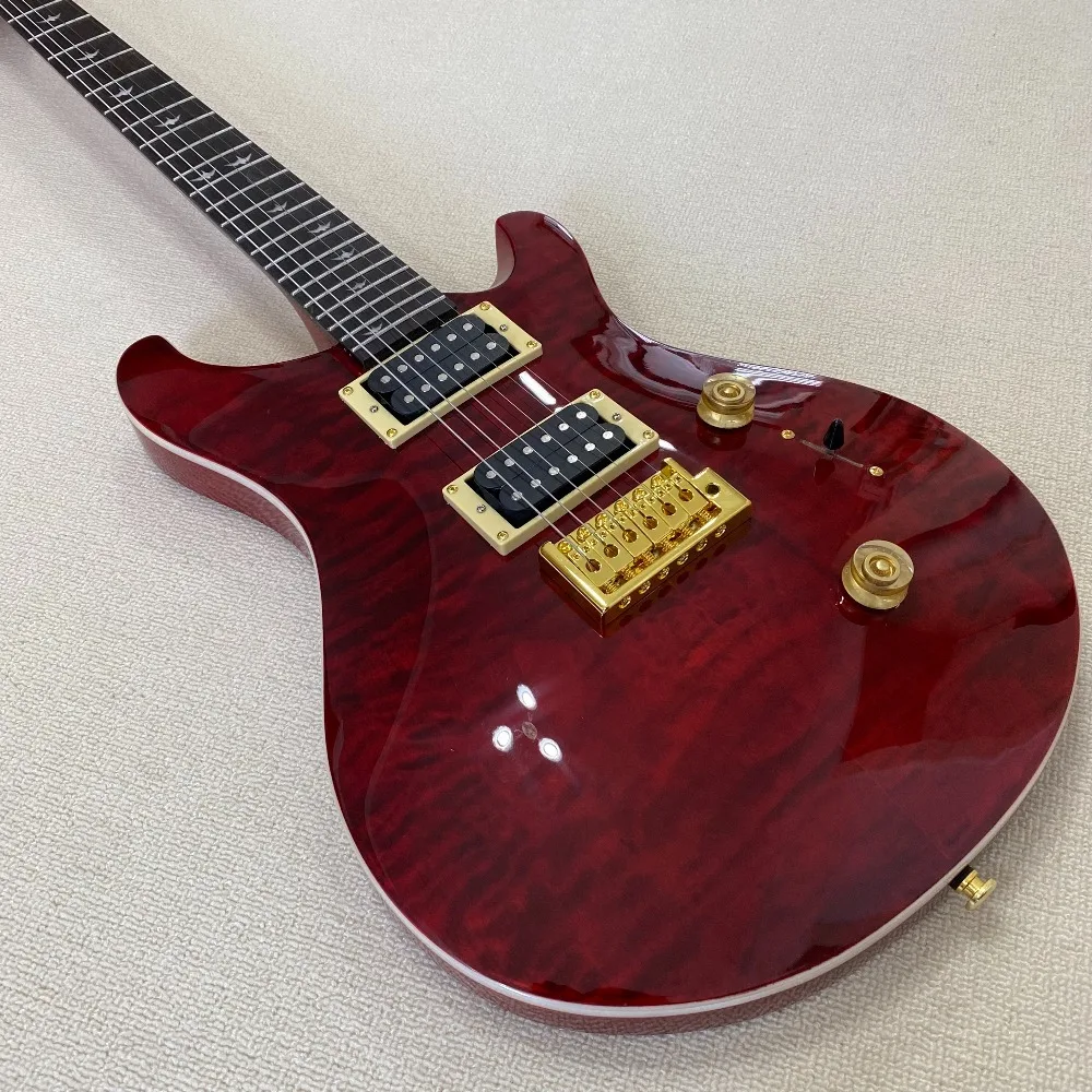 Wine Red Quilted Maple 6 String Electric Guitar Solid Mahogany Body Gloss Quilted Veneer For Rock Music Playing