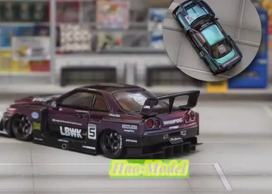 1/64 untuk Nissan LB GTR ER34 SW Model mobil logam campuran Diecast mainan anak laki-laki hadiah ulang tahun hobi tampilan ornamen ungu