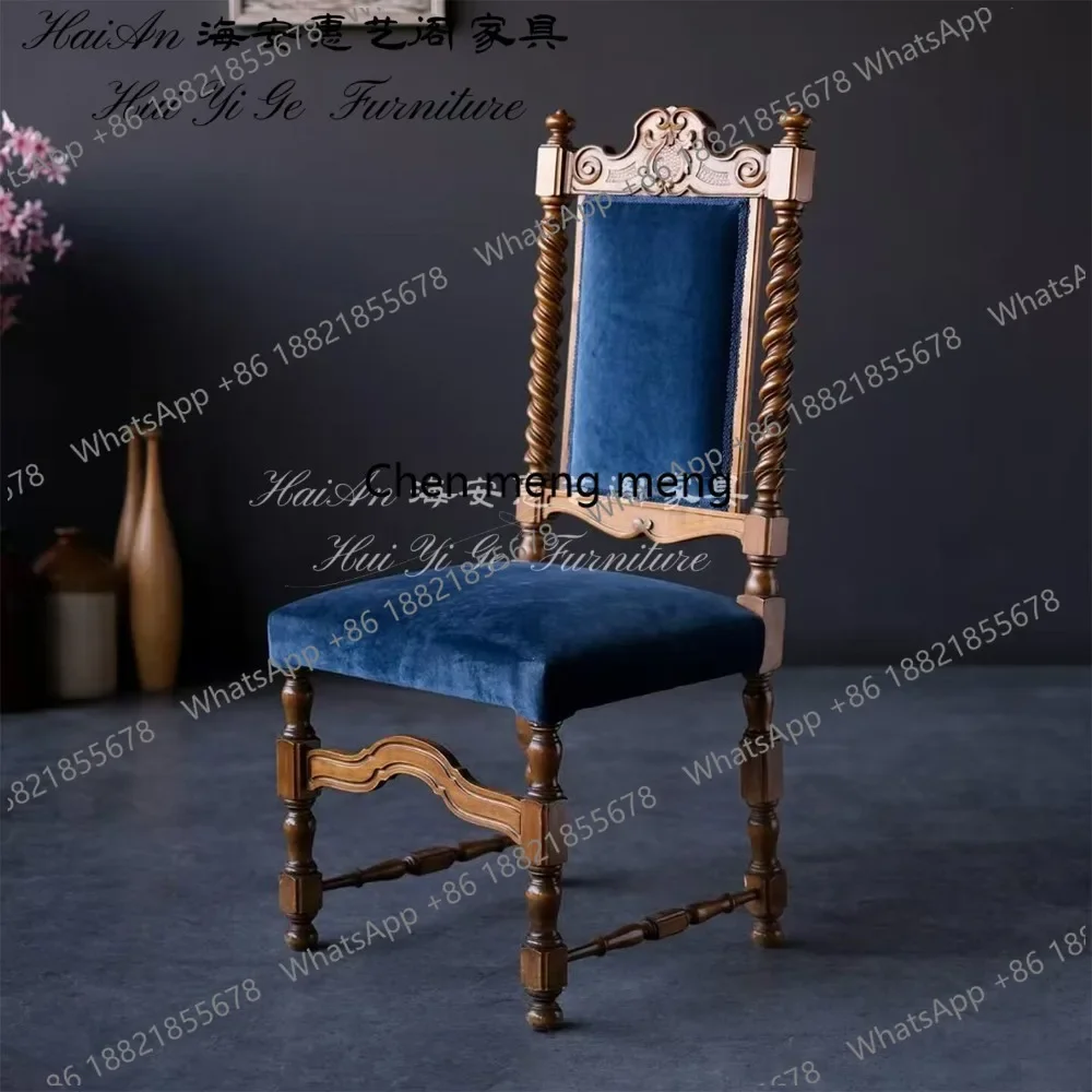 CC American classic solid wood dining chair blue flannel book chair hand-carved wooden leisure chair
