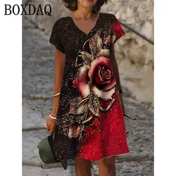 3D Red Rose Flower Dress Women Short Sleeve Floral Print Dresses Summer 2022 Casual Beach V-Neck Loose Oversized Ladies Sundress