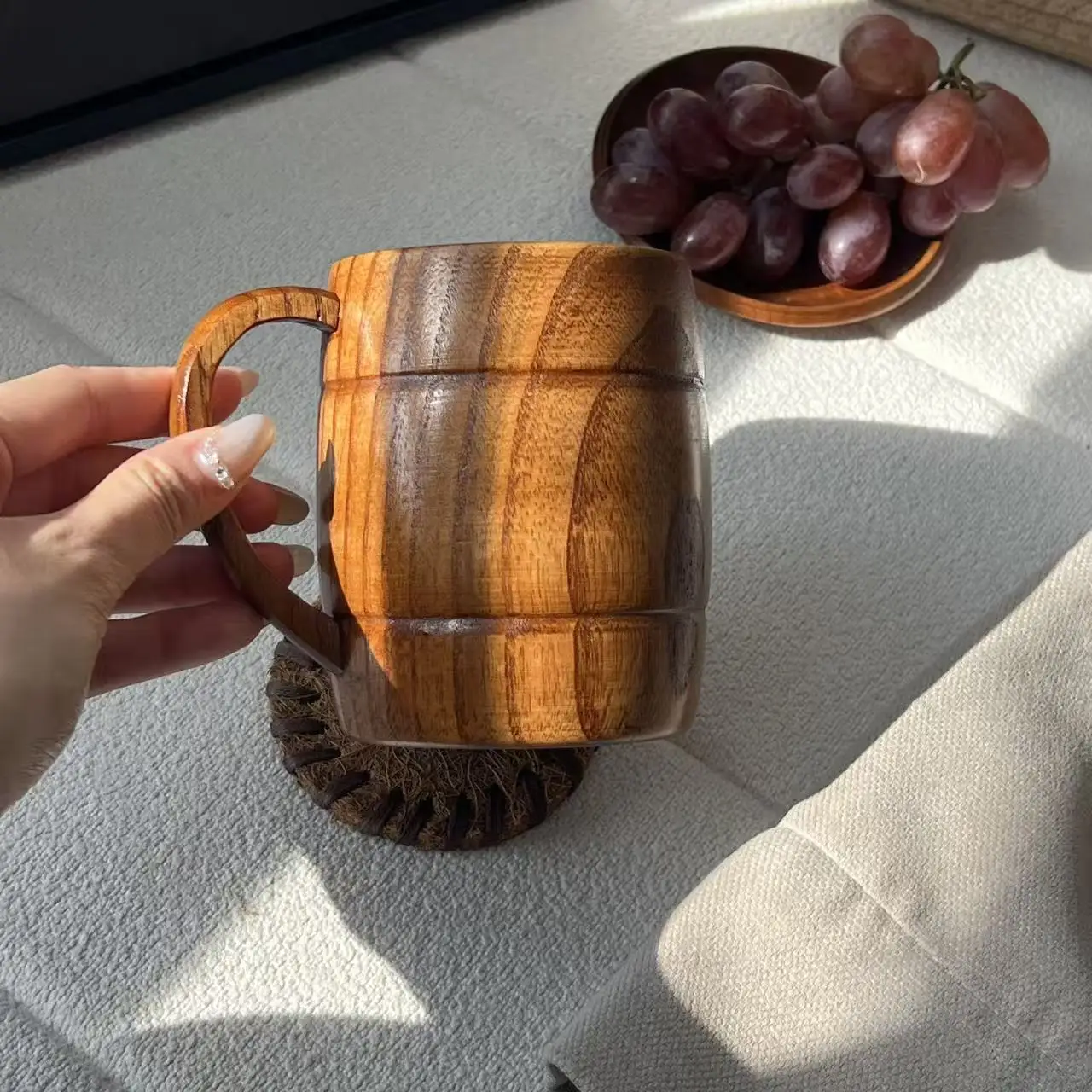 Handmade Wooden Jujube Cup With Handle Coffee Tea Beer Milk Water Drinking Mug Japanese Vintage Heat Resistant Gift Home Bar