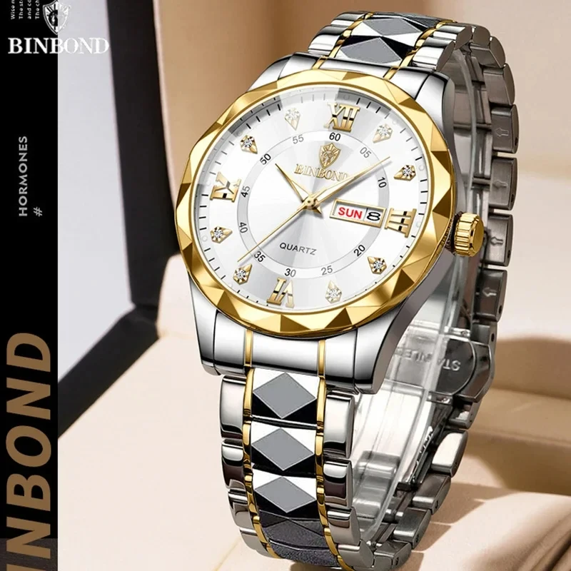 BINBOND Man Wristwatch Top Brand Luxury Waterproof Luminous Date Week Men Watches Stainless Steel Quartz Men\'s Watch Male reloj