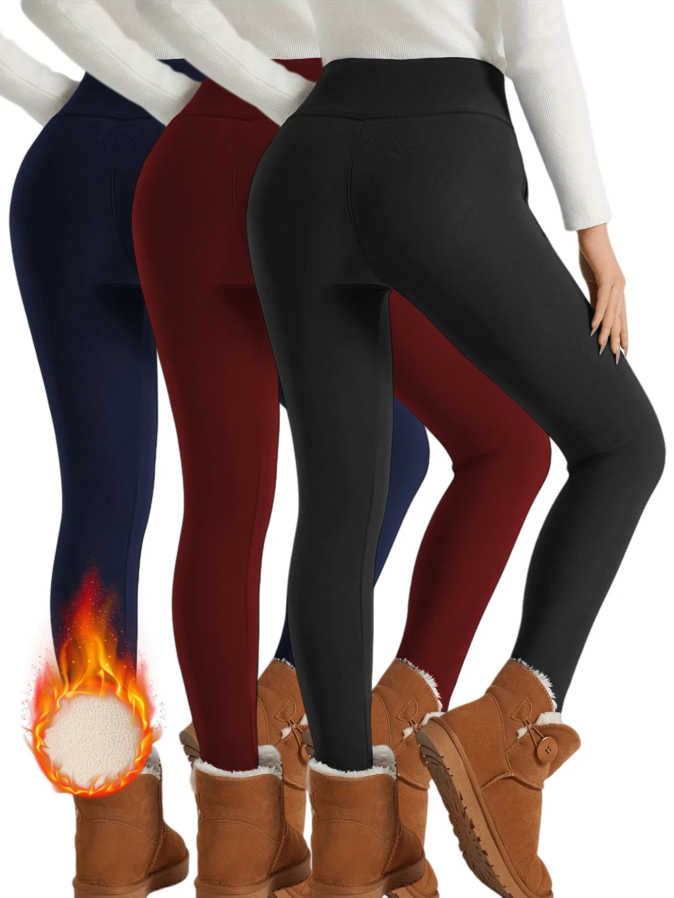 【3 Pack Winter Warm Pants】Fleece Lined High Waist Leggings for Women, Black+Navy+Wine Red Thickened Thermal Trousers, Windproof