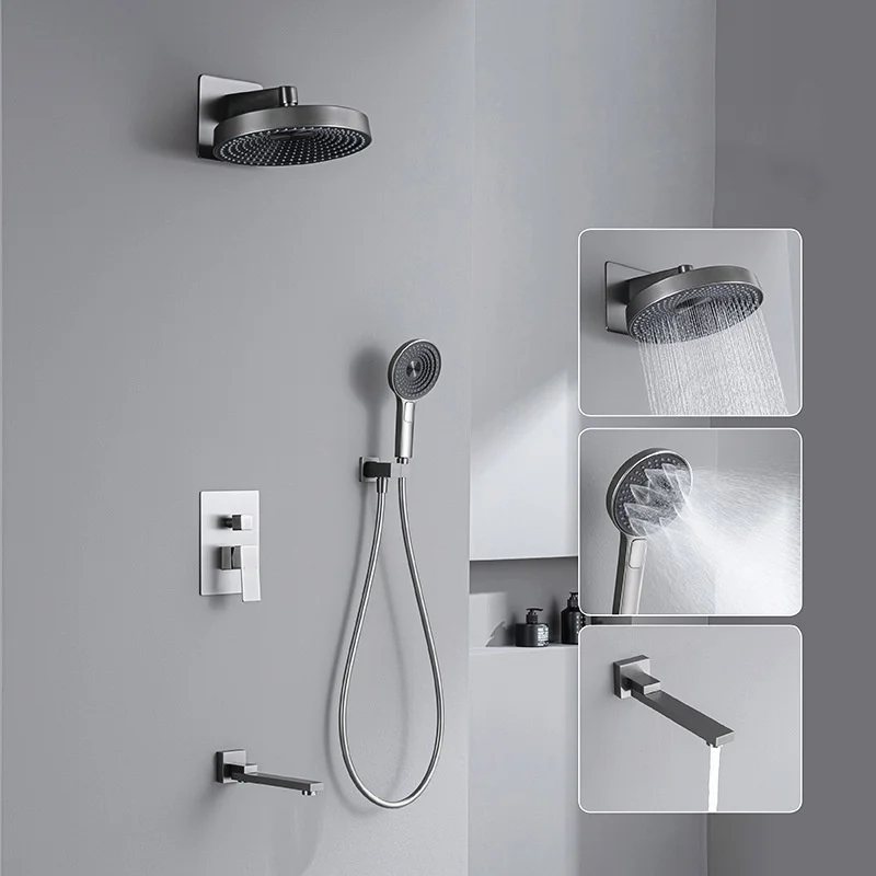 High-End In-Wall Concealed Shower Set Multifunctional Rain Jet Spray Polished Brass High-End Shower Head Hot Cold Bathroom