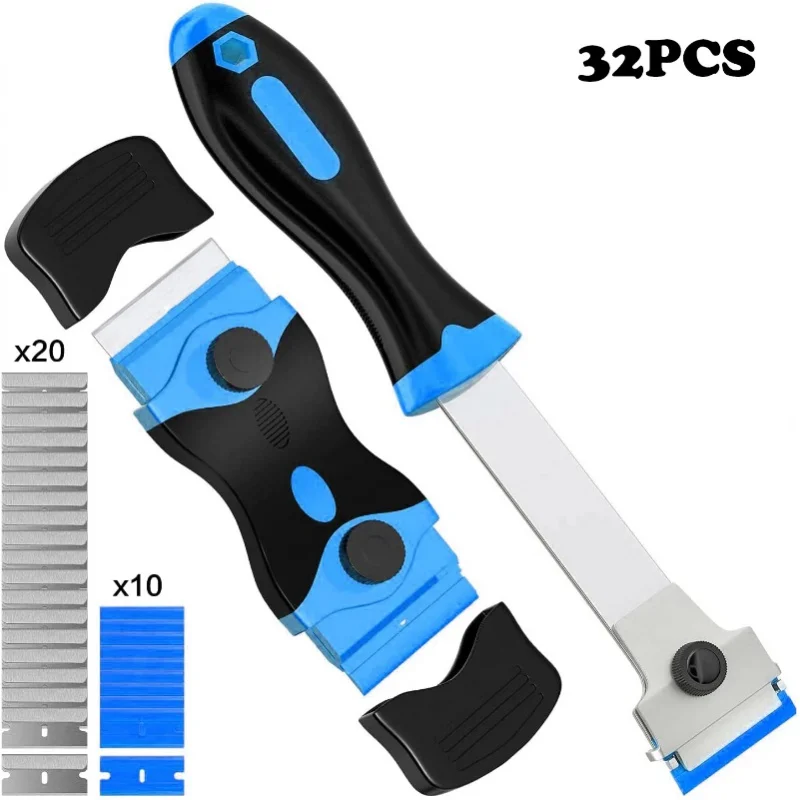 

32PCS Double Sided Scraper Extended Handle Scraper Blade Set Glass Wall Label Sticker Glue Residue Removal Tool