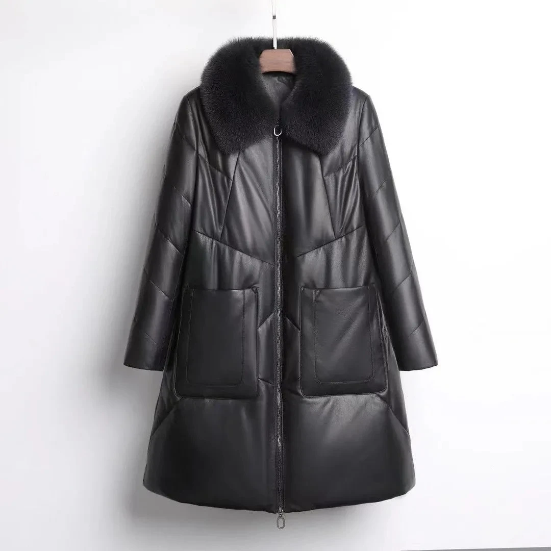 Chaqueta larga holgada de algodón de cuero suave para mujer, chaqueta acolchada de Color de piel a la moda coreana, Parkas de cuero PU de talla grande