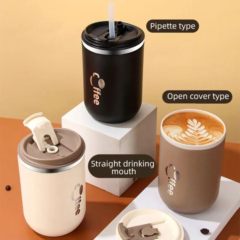 

500ml Vacuum Flasks Coffee Cup with Straw Leak Proof Travel Stainless Steel Thermoses Hot Cold Milk Tea Coffee Water Thermos