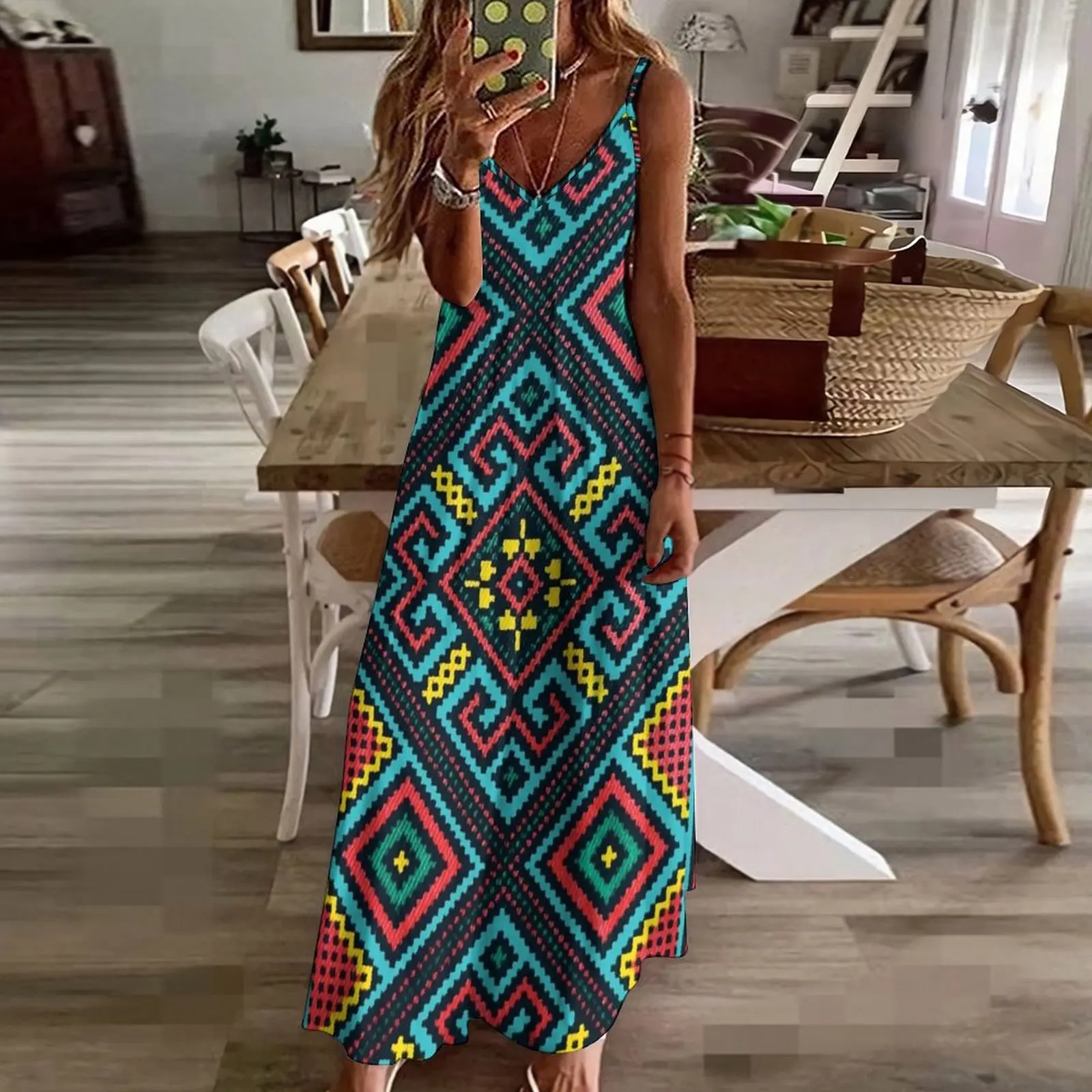 Bright boho pattern, Bohemian teal kilim geometrical pattern Sleeveless Dress women party dresses Women's summer dresses